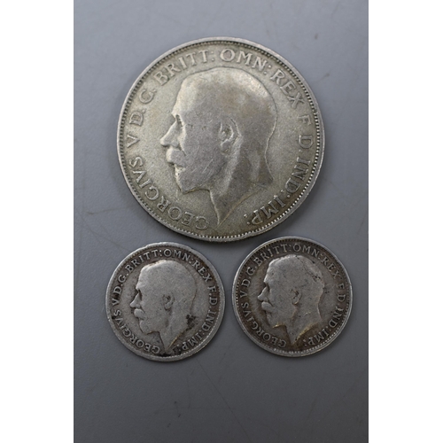 144 - Three UK Silver Coins, 1921 Florin and Two Silver Three Pence Coins (1918 and 1919).