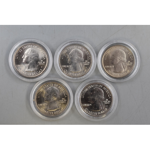 147 - Selection of Five 2010 Mint Cased 1 Dollar Coins. Includes Yosemite, Yellowstone, Hot Springs, Mount... 