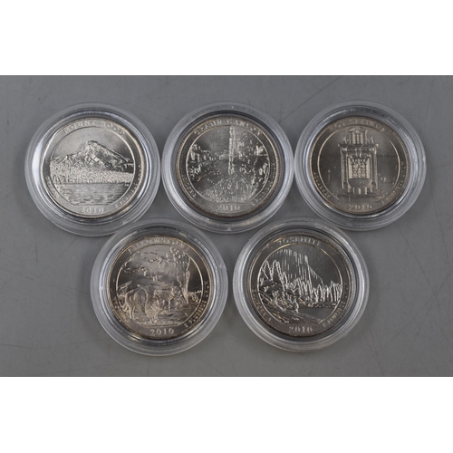 147 - Selection of Five 2010 Mint Cased 1 Dollar Coins. Includes Yosemite, Yellowstone, Hot Springs, Mount... 