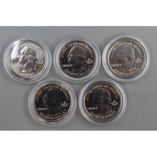 155 - Selection of Five Cased 2011 Mint Cased Quarter Dollar Coins. Includes Vicksburg, Gettysburg, Chicka... 