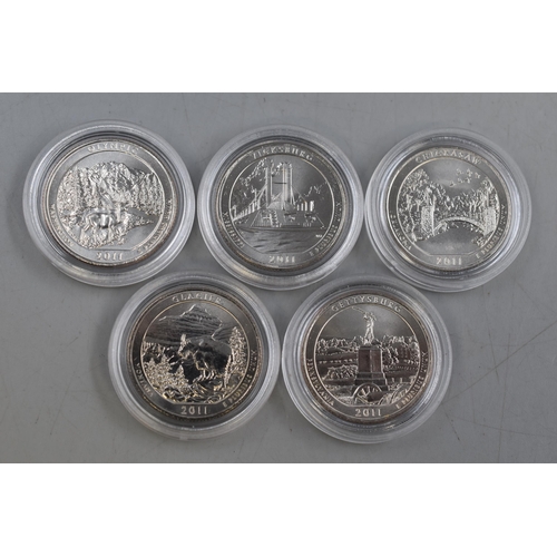 155 - Selection of Five Cased 2011 Mint Cased Quarter Dollar Coins. Includes Vicksburg, Gettysburg, Chicka... 