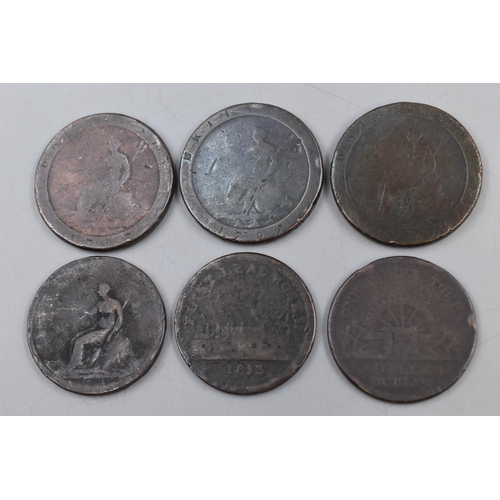 156 - A Selection of Six George III Pennies and Tokens.