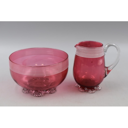 104 - Circa 1890 Stevens and Williams Threaded Cranberry Glass Jug and Bowl