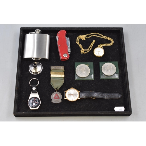 107 - Mixed Selection including Hip Flask, Crowns, Knife Compass and more