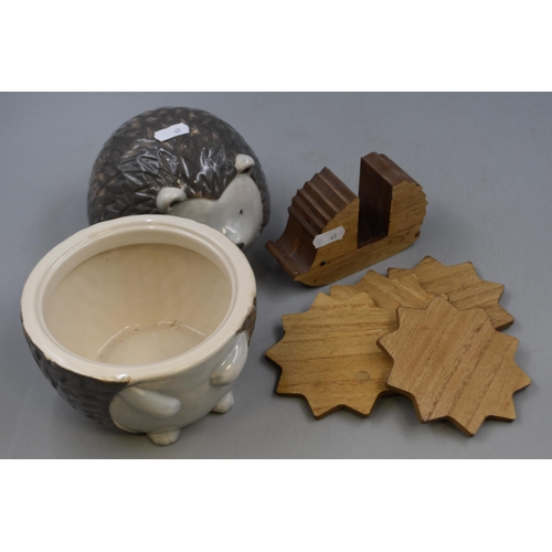 173 - Hedgehog Cookie Jar, Set of Hedgehog Coasters and Other Hedgehog Figures