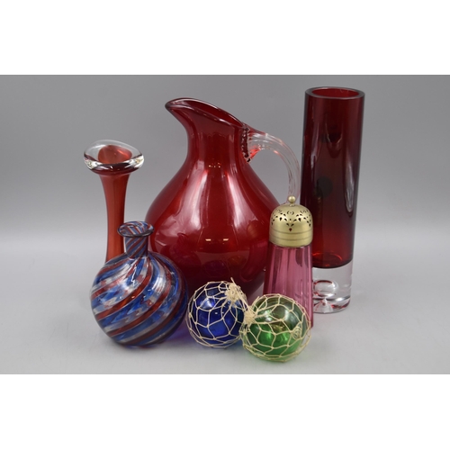 175 - Selection of Glassware including Ruby Glass Jug, Glass Buoys, Sugar Shaker and More