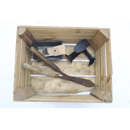 527 - A Vintage Wooden Crate, With Cobblers Last, Gardening Shears, Baking Tin and Folding Coat Hanger.