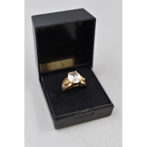 7 - Hallmarked Birmingham 375 (9ct) Gold Large Clear Stoned Ring (Size N) Complete with Presentation Box... 