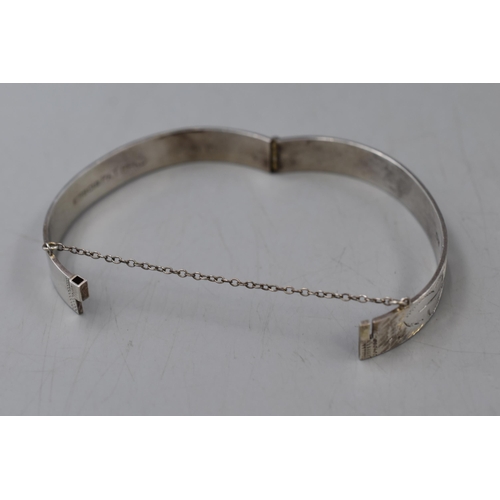 15 - Hallmarked Birmingham Etched Silver Banglr Complete with Safety Chain