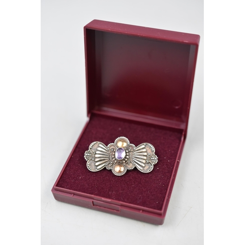 20 - Vintage Silver 925 Amethyst Stoned Brooch Complete with Presentation Box