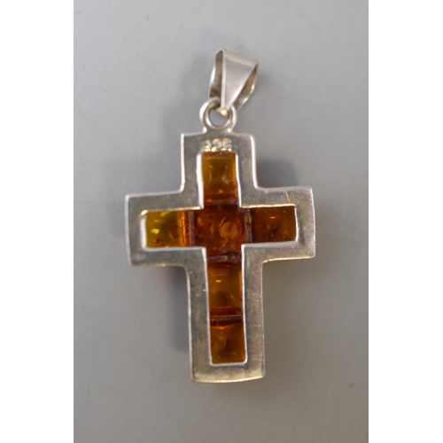 58 - Silver 925 Amber Coloured Cross Pendant. Approx. Size 3cm