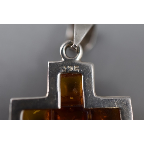 58 - Silver 925 Amber Coloured Cross Pendant. Approx. Size 3cm