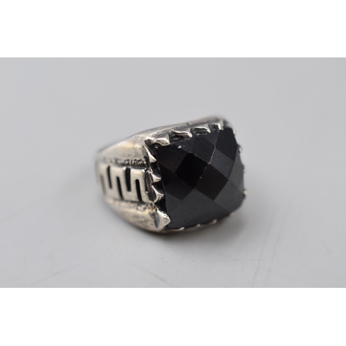 59 - Silver 925 Black Faceted Stoned Gents Ring (Size Q) Complete with Presentation Box