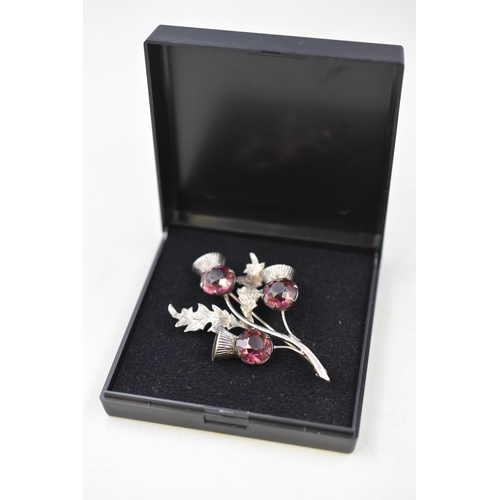 70 - Sterling Silver Amethyst Stoned Thistle Brooch (3