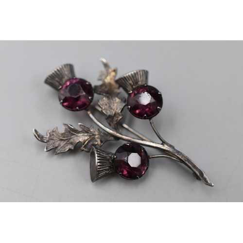 70 - Sterling Silver Amethyst Stoned Thistle Brooch (3