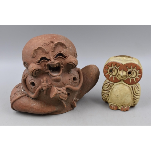 418 - Oriental Clay Candle Holder, Egyptian Jewellery Box and Stoneware Owl Money Box