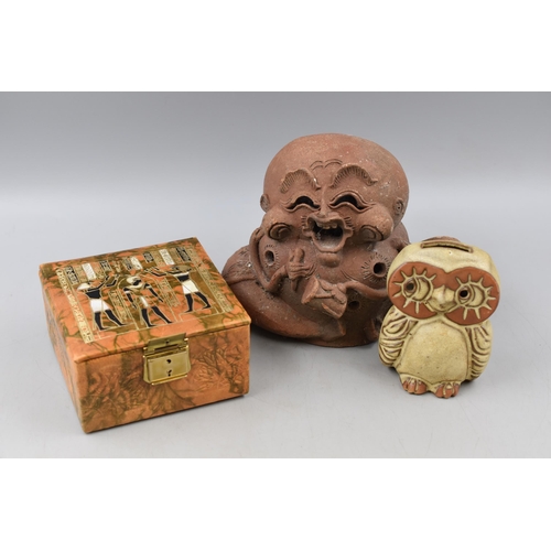 418 - Oriental Clay Candle Holder, Egyptian Jewellery Box and Stoneware Owl Money Box