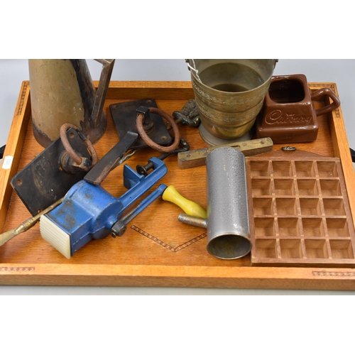 676 - A Selection of Vintage Items on Inlaid Wooden Tray. Includes Silver Plated Jug, Vintage Spirit Level... 