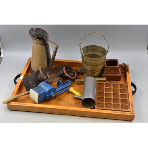 676 - A Selection of Vintage Items on Inlaid Wooden Tray. Includes Silver Plated Jug, Vintage Spirit Level... 