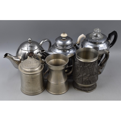 682 - Mixed Lot of Vintage Teapots and Pewter Tankards to include Sona, Sabichi, Denlagh and others