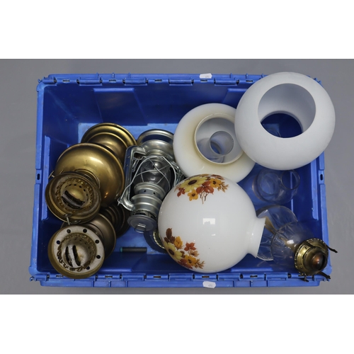 697 - Box of Oil Lamps, Shades and Chimneys