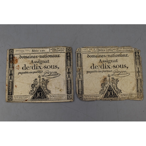 146 - Two Rare 18th Century Dix Sous (10 Sous) French Currency Bank Notes, Dated 1792 and 1793. French Rev... 