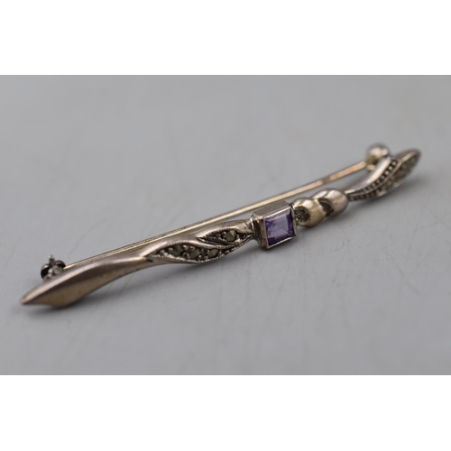 25 - Silver 925 Marcasite and Amethyst Stoned Brooch Complete with Presentation Box