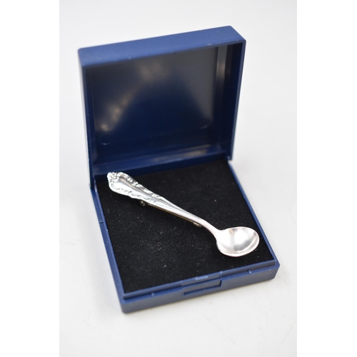 34 - An Antique Sterling Silver Condiment Spoon Brooch, With Presentation Box.