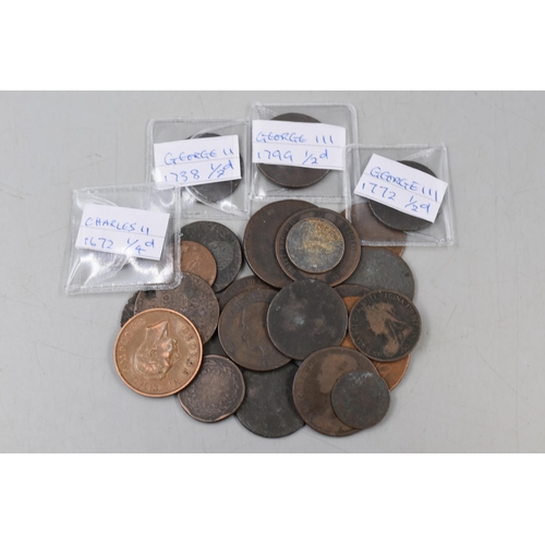 154 - Selection of 25 Copper Coinage including Charles II 1672 1/4 Penny, George II 1738 Half Penny, Georg... 