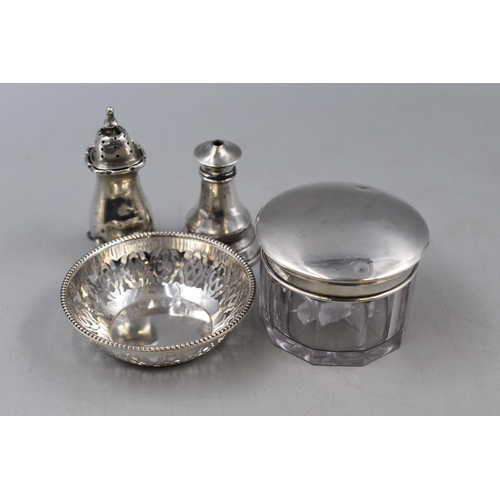 41 - Four Pieces of Hallmarked Silver including Pepper pot, Salt Pot, Pin Dish and Lidded pot