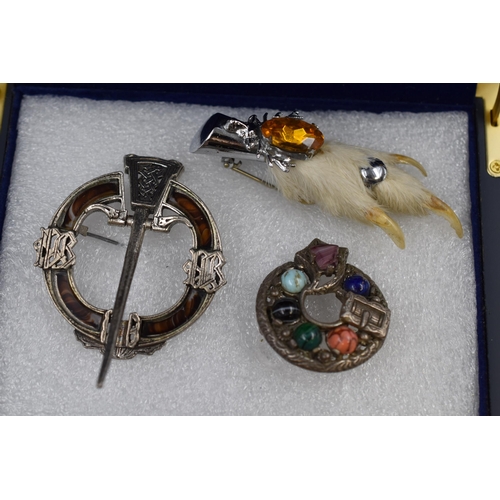 47 - Three Vintage Celtic Style Brooches. Includes Hunterson Style, Grouse Foot With Citrine and Multi Ag... 