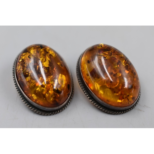 59 - A Pair of Unmarked Silver Amber Clip on Earrings, In Presentation Box.