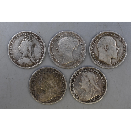 169 - Five Victoria and Edward VII Silver 3D Coins (1875,1887,1897, 1901 & 1902)