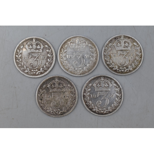 169 - Five Victoria and Edward VII Silver 3D Coins (1875,1887,1897, 1901 & 1902)