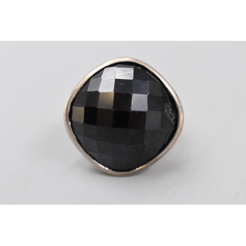 68 - Chunky Silver 925 Black Stoned Ring. Size O