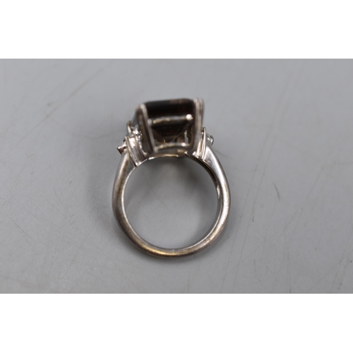 74 - Silver 925 Smokey Stoned Ring with Clear Stoned (missing stone) Size N-O