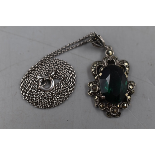 84 - Vintage Silver Marcasite and Green Stoned Pendant Necklace Complete with Presentation Box