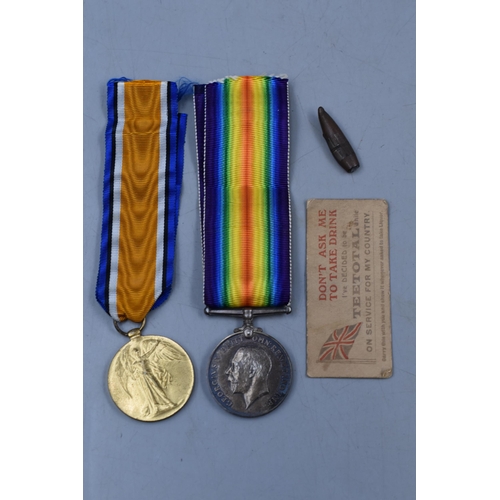 181 - A Boxed WWI Medal Pair, Awarded To PTE A. Rimmer. With Bullet Casing.