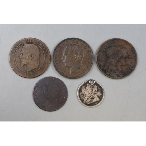 190 - Five Antique Coins including 20 Reis Portugal 1883, 10 Centimes France 1862 and 1912. Five Centimes ... 