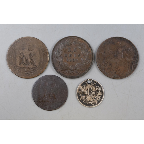 190 - Five Antique Coins including 20 Reis Portugal 1883, 10 Centimes France 1862 and 1912. Five Centimes ... 