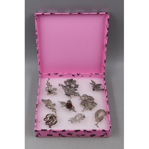 195 - A Selection of Nine Marcasite Stoned Brooches, One With Coral Flower.