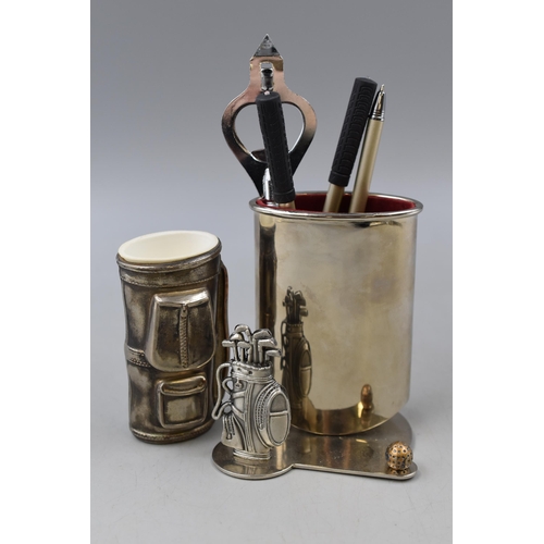 210 - Two Golf Themed items includes Pen Holder and Spirit Measure