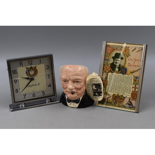 219 - Elizabeth II 1953 Coronation Smiths Clock, Royal Doulton Churchill Mug and a Spirit of Britain Churc... 