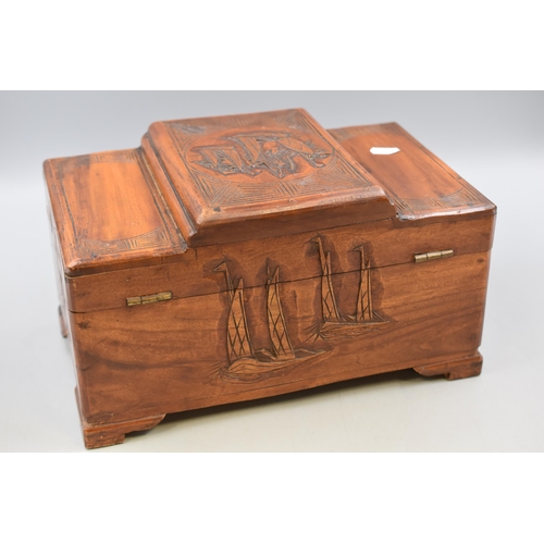 351 - An Oriental Wooden Storage Box Depicting Traditional Oriental Fishing Boats, With Key. Approx 8.5