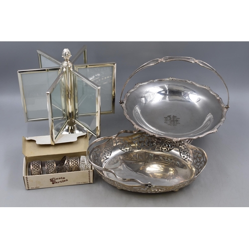 489 - Selection of Silver Plated Ware including Napkin Rings (Boxed), Comport, Rotating Picture Display an... 