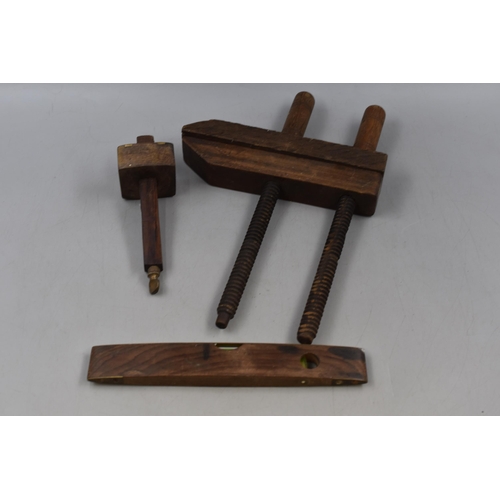 352 - Vintage Wooden Scribe, Rabone Spirit Level, and Wooden Clamp