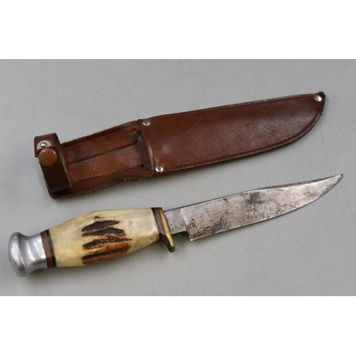 228 - A Vintage Bone Handled Knife, In Leather Sheath (Blade Length Approx 5