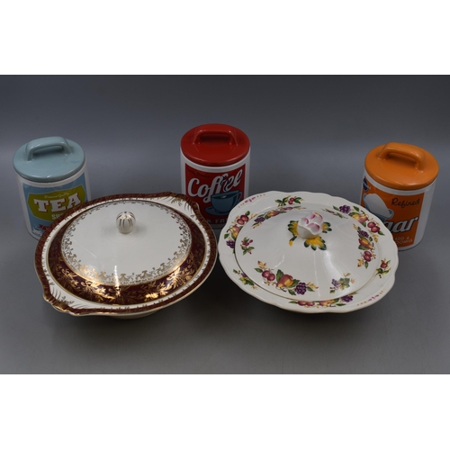 235 - Set of 3 Tea, Coffee, and Sugar Cannisters and two lidded serving Dishes Marlborough and J & G M... 