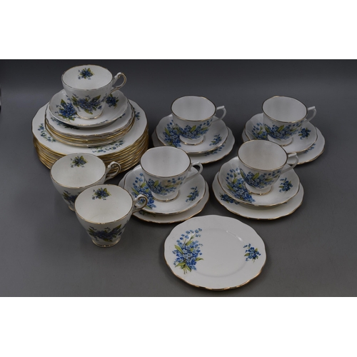 390 - Queen Anne, Regency and Staffordshire Fine Bone China Forget Me Knot Cups, Saucers, and Side Plates