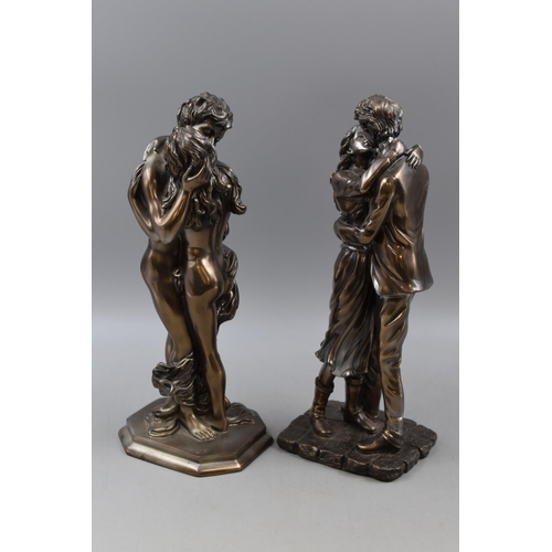 261 - Two Resin Metal Effect Sculptures Depicting Two Lovers, One Signed Crosa. Both Approx 11.5